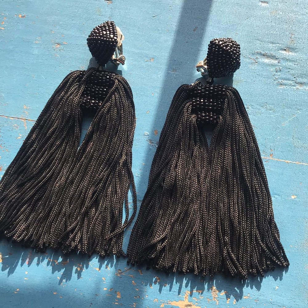Large 4” black tassel earrings